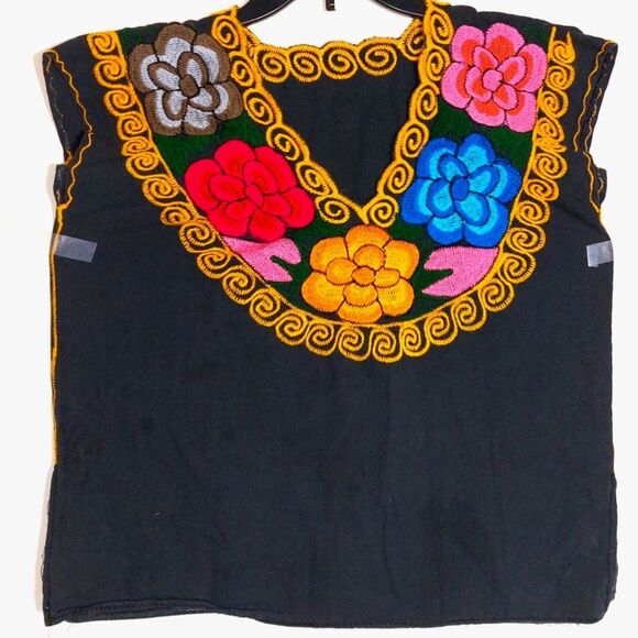 Handmade Women's Mexican Embroidered Floral Black Top Multicolor EUC - Picture 3 of 7